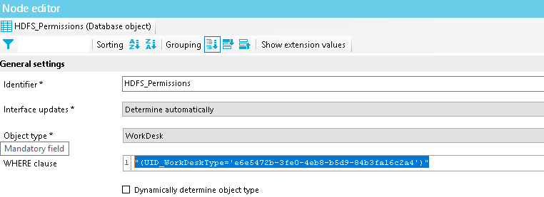 Node edi HOFS_Permissions (Database Object) Sorting Grouping Shovm extension values al se ttings Identifier Interface updates 0b' ect e Mandatory field WHERE clause HDFS_permissions Determine automatical* WorkDesk Dvn.rnically determine 